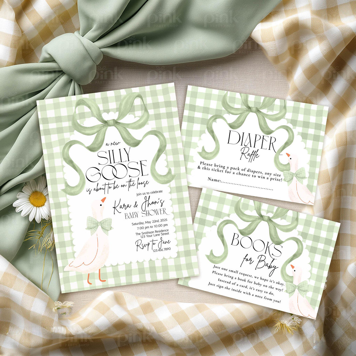 Silly Goose Baby Shower Invitation Bundle - Sage Green Gingham & Bow - Editable Canva Template