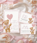 Pink Bear Valentine Baby Shower Invitation Bundle - Editable Canva Templates - Heart Balloon Bow Theme