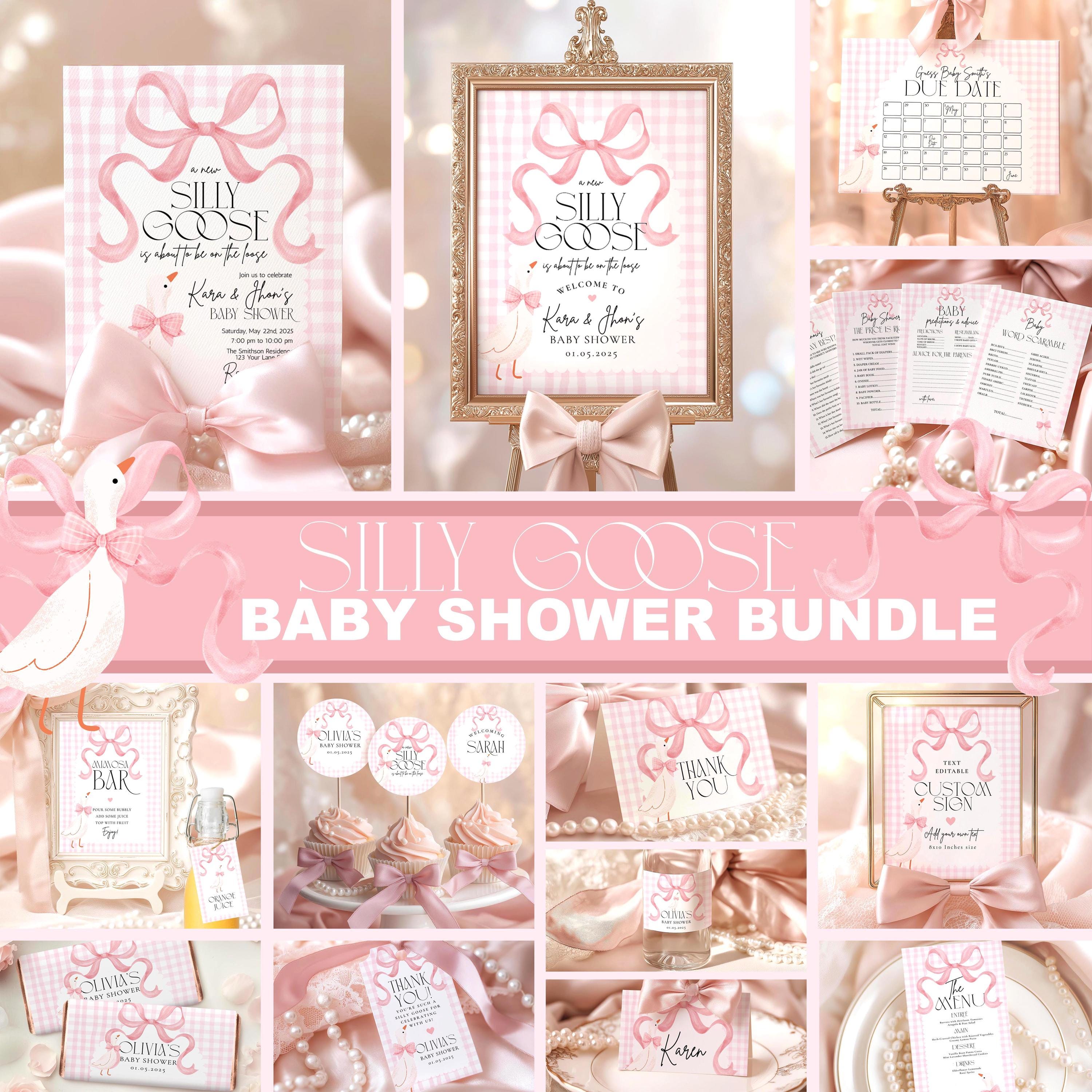 Silly Goose Baby Shower Mega Bundle - Pink Bow Gingham - Editable Canva Template Pack