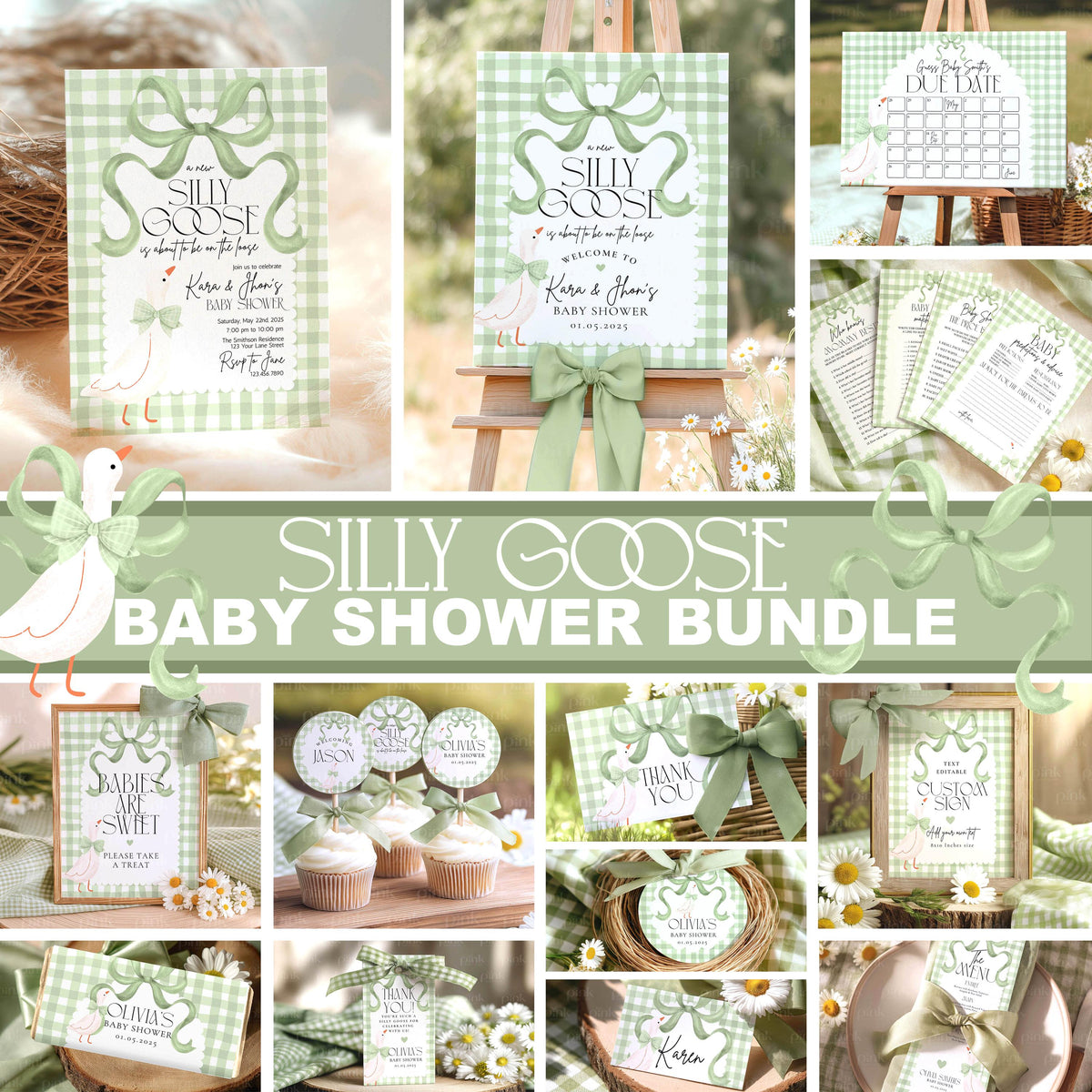 Silly Goose Baby Shower Mega Bundle - Sage Green Gingham & Bow - Editable Canva Template Pack