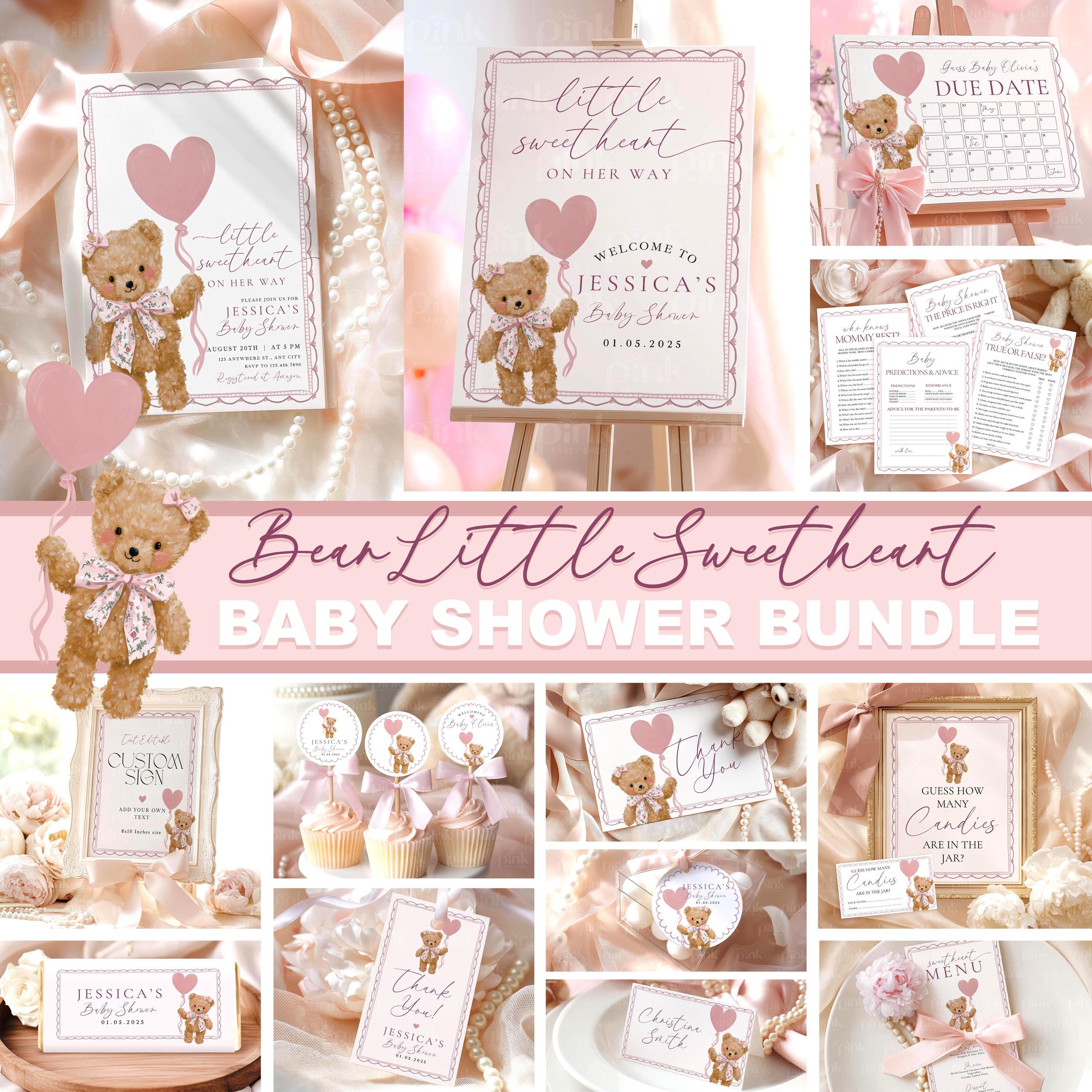 Pink Bear Baby Shower Mega Bundle - Little Sweetheart Valentine Theme - Editable Canva Template Pack