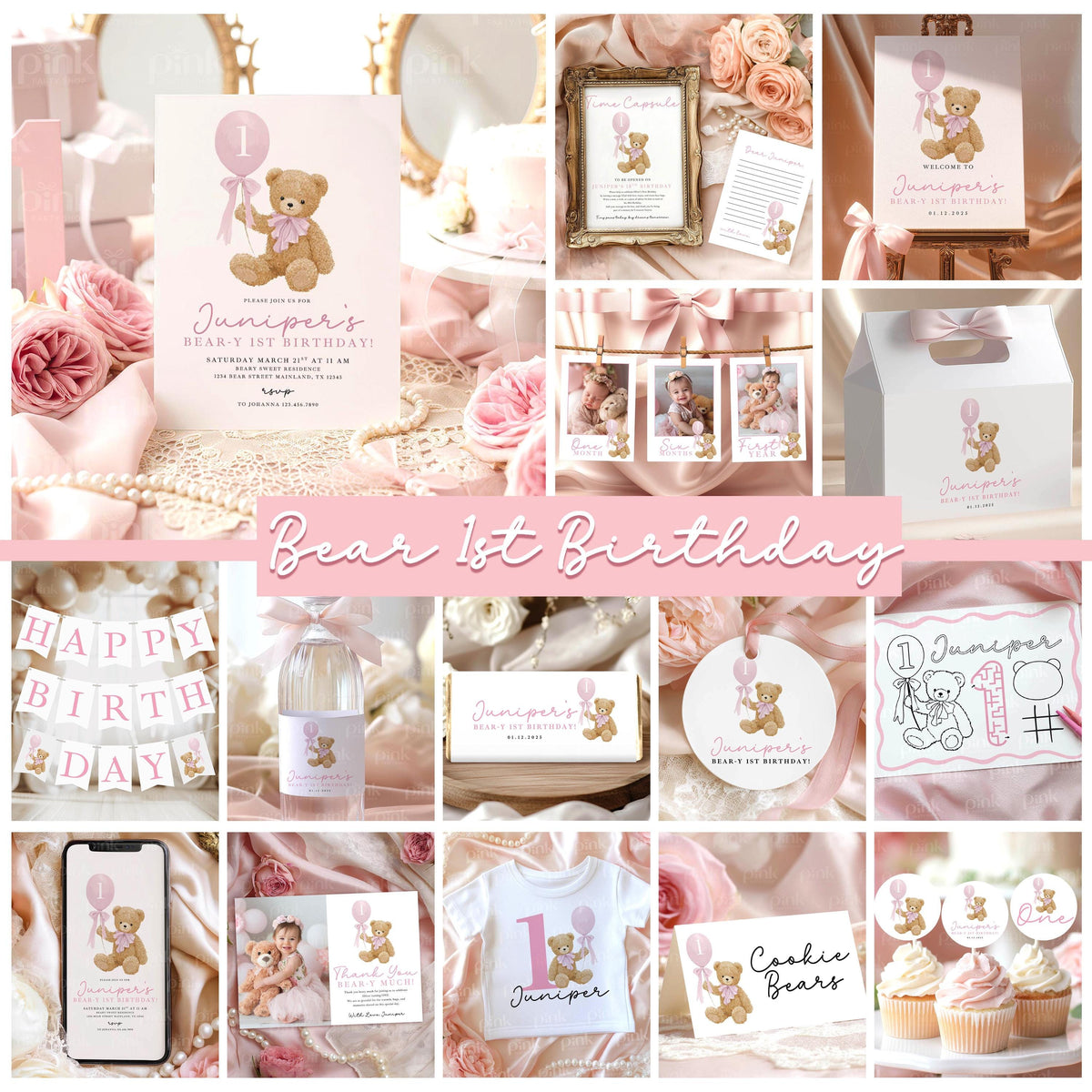 Pink Bear 1st Birthday Mega Bundle - Editable Canva Templates - Girl First Birthday Party Decor