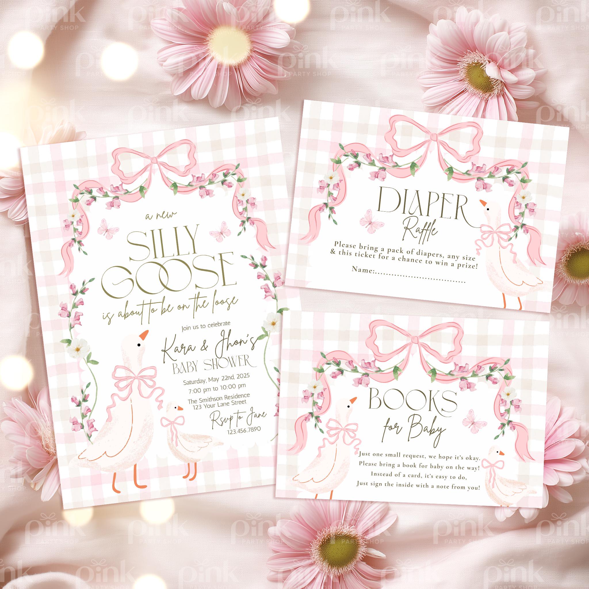 Silly Goose Baby Shower Invitation Bundle - Pink Bow & Floral Gingham - Editable Canva Template