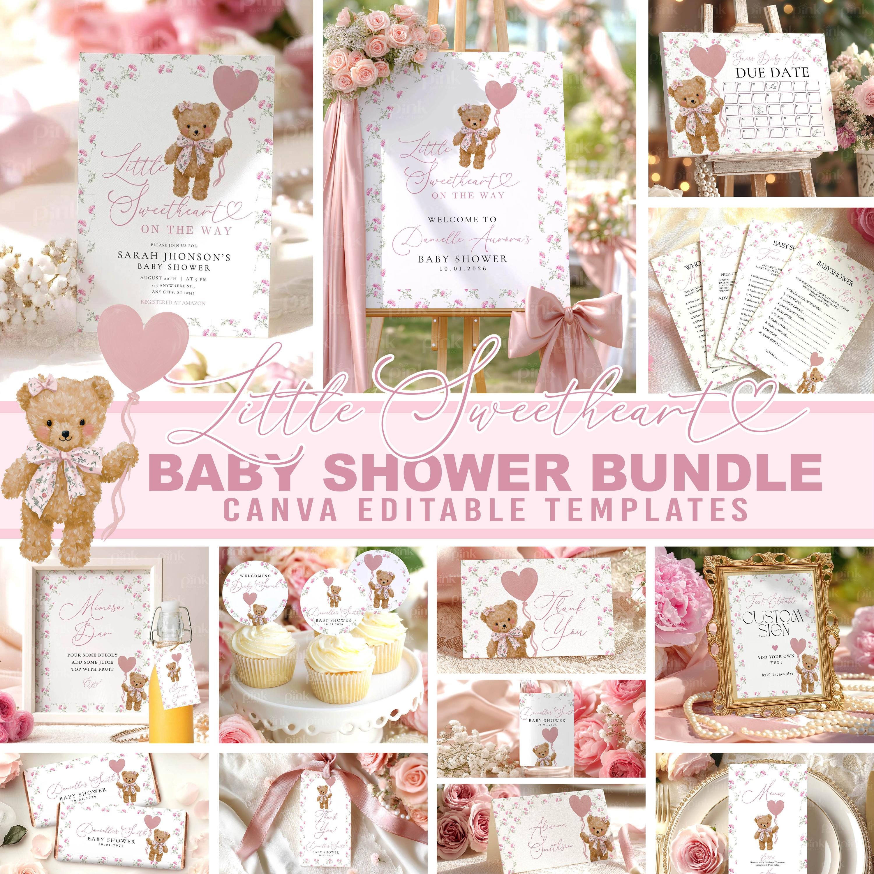 Pink Teddy Bear Baby Shower Mega Bundle - Valentine Hearts & Bows - Editable Canva Template Pack