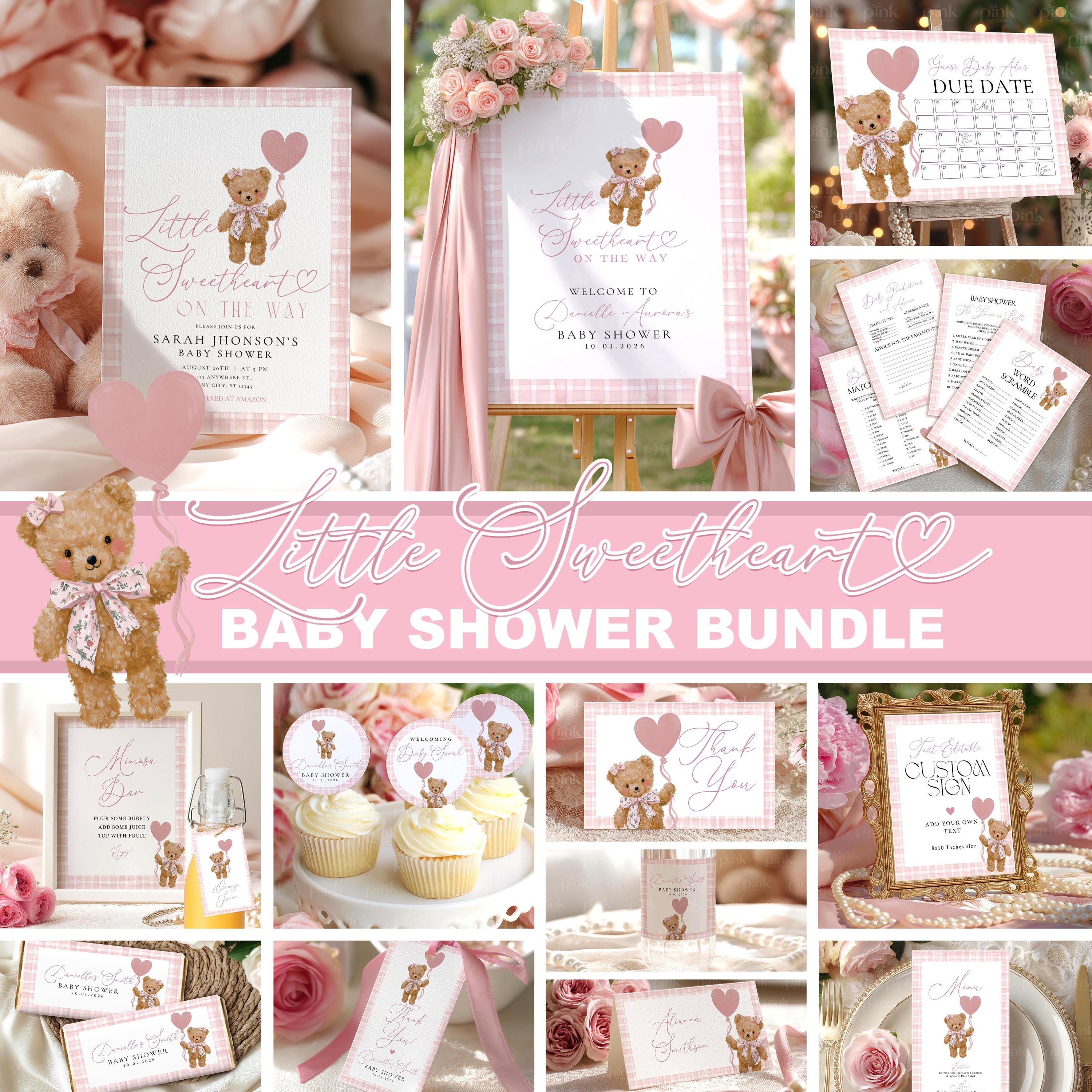 Pink Teddy Bear Little Sweetheart Baby Shower Mega Bundle - Valentine Bow & Heart Balloons - Editable Canva Template