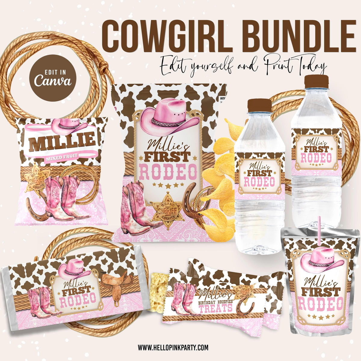 Cowgirl 1st Rodeo Party Favors Bundle - Pink & Brown Western Labels - Editable Canva Template