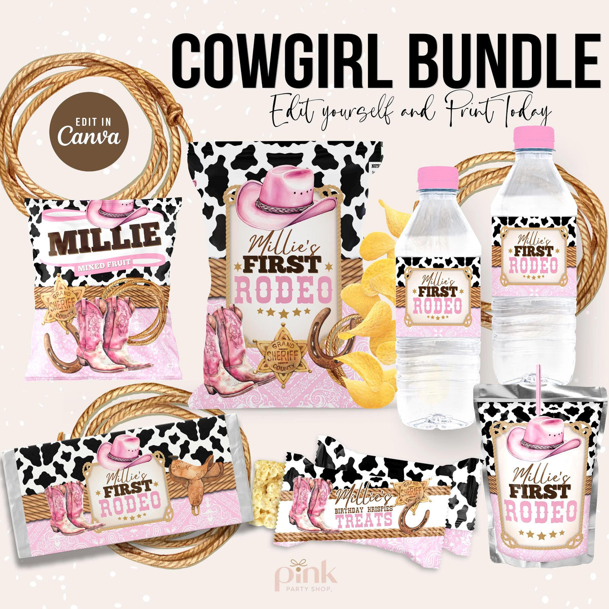 Cowgirl 1st Rodeo Party Favors Bundle - Pink & Cow Print Labels - Editable Canva Template