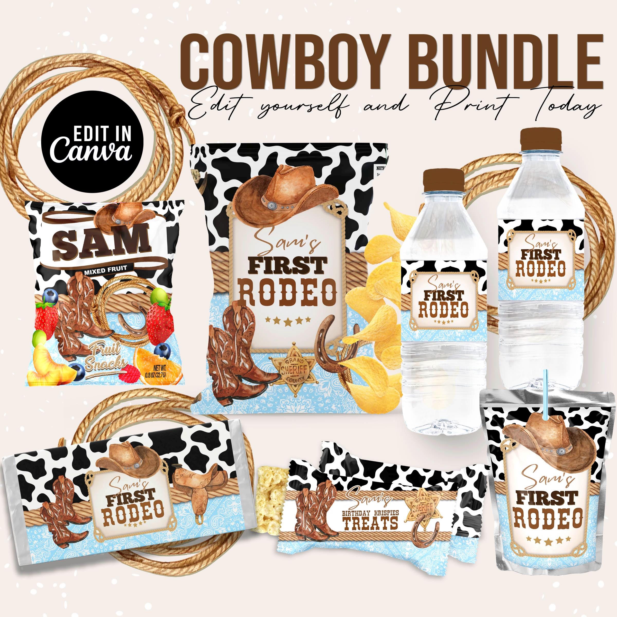 Cowboy 1st Rodeo Party Favors Bundle - Blue & Brown Western Labels - Editable Canva Template