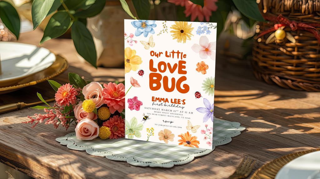Love Bug 1st Birthday Invitation, Our Little Love Bug Girl Party Invite, Ladybug Butterfly Bee Birthday, Editable Canva Digital Download