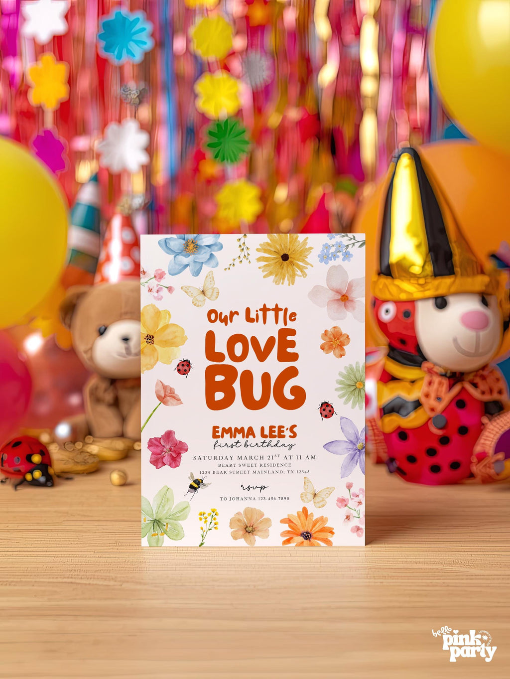 Love Bug 1st Birthday Invitation, Our Little Love Bug Girl Party Invite, Ladybug Butterfly Bee Birthday, Editable Canva Digital Download