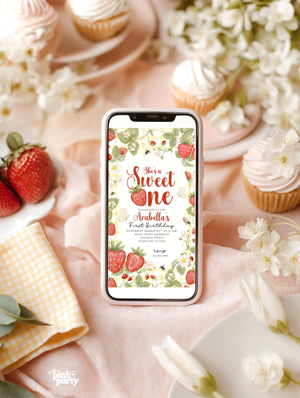Strawberry Sweet One Birthday Invitation, Sweet One First Birthday Invite, Strawberry Gingham Party, Editable Canva Digital Download