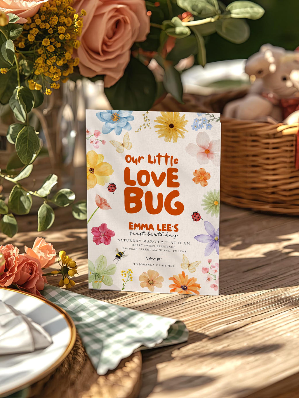 Love Bug 1st Birthday Invitation, Our Little Love Bug Girl Party Invite, Ladybug Butterfly Bee Birthday, Editable Canva Digital Download