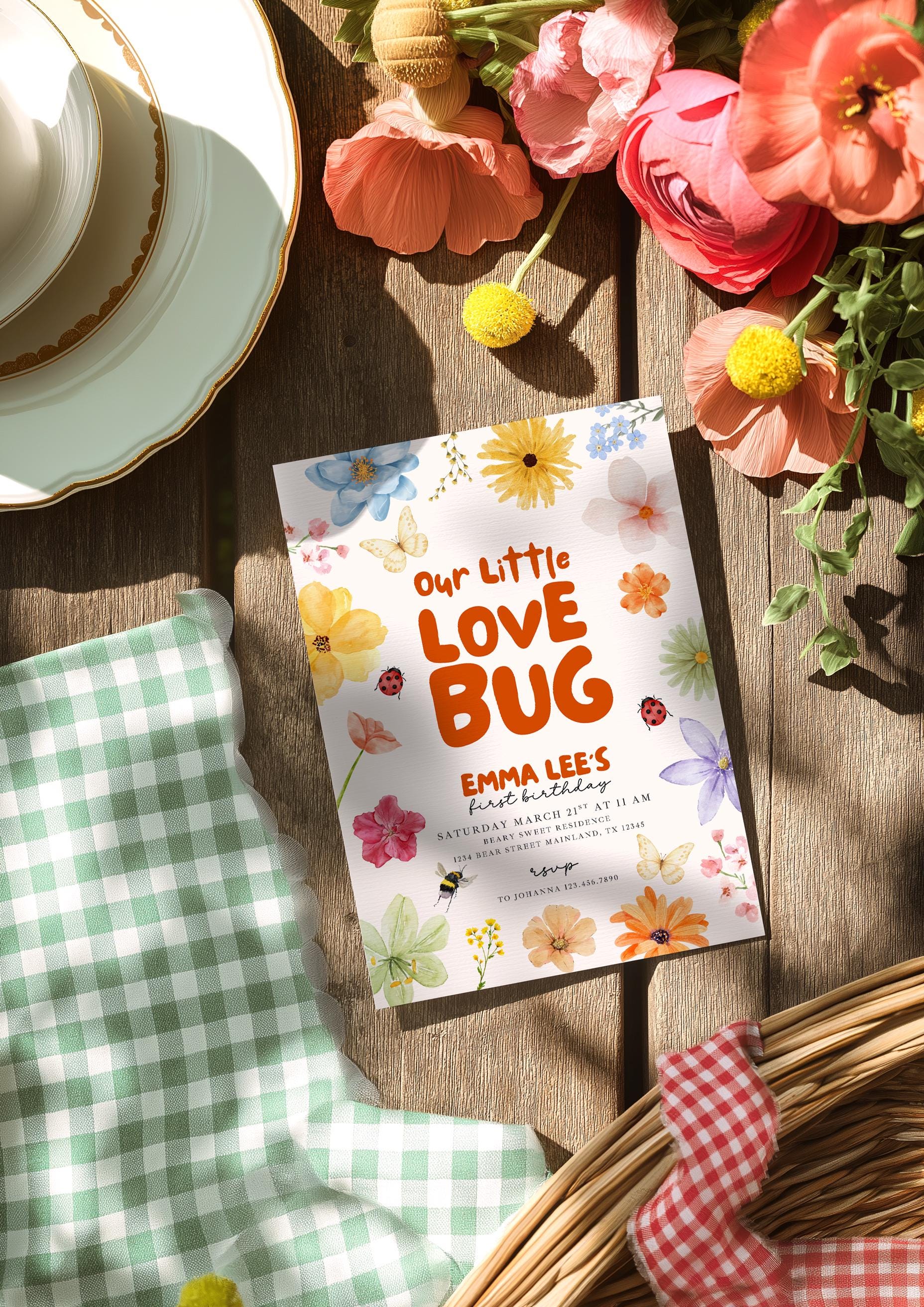 Love Bug 1st Birthday Invitation, Our Little Love Bug Girl Party Invite, Ladybug Butterfly Bee Birthday, Editable Canva Digital Download