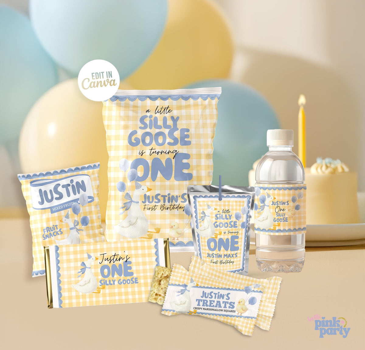 Silly Goose Boy 1st Birthday Favor Bundle - Blue & Yellow Gingham - Editable Canva Party Treats Pack