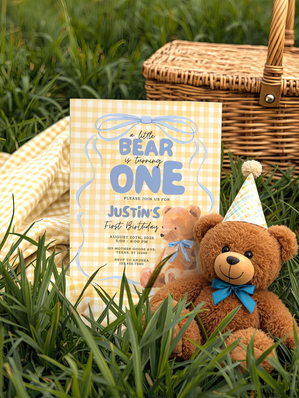 A Little Bear is Turning One Birthday Invitation, Bear First Birthday Invite Boy, 1st Birthday Teddy Bear Party, Editable Canva Template