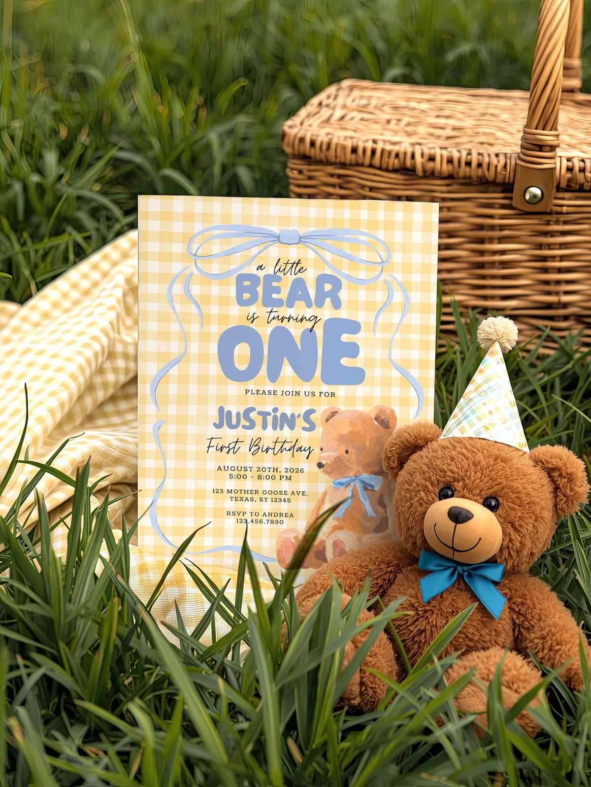 A Little Bear is Turning One Birthday Invitation, Bear First Birthday Invite Boy, 1st Birthday Teddy Bear Party, Editable Canva Template