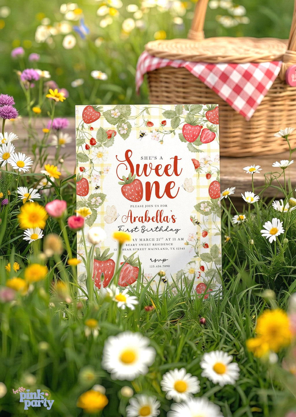 Strawberry Sweet One Birthday Invitation, Sweet One First Birthday Invite, Strawberry Gingham Party, Editable Canva Digital Download