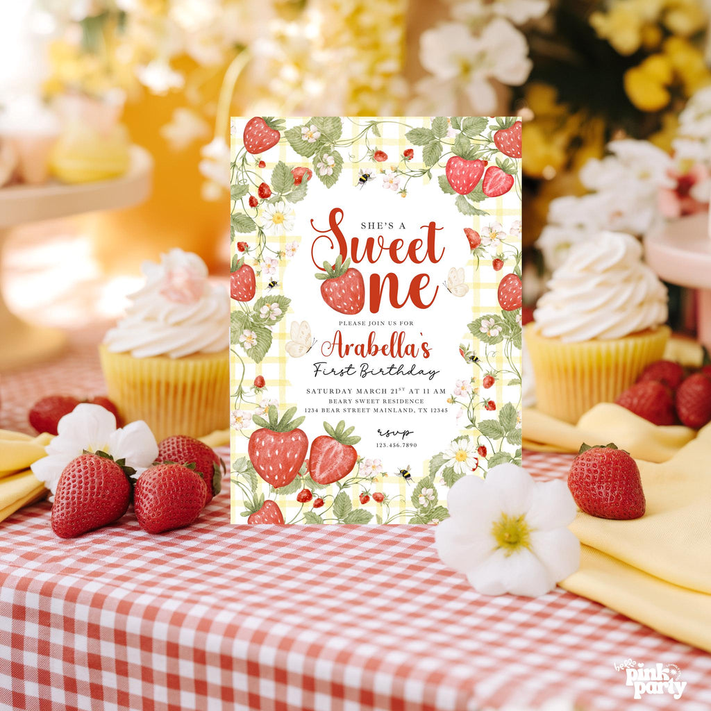 Strawberry Sweet One Birthday Invitation, Sweet One First Birthday Invite, Strawberry Gingham Party, Editable Canva Digital Download