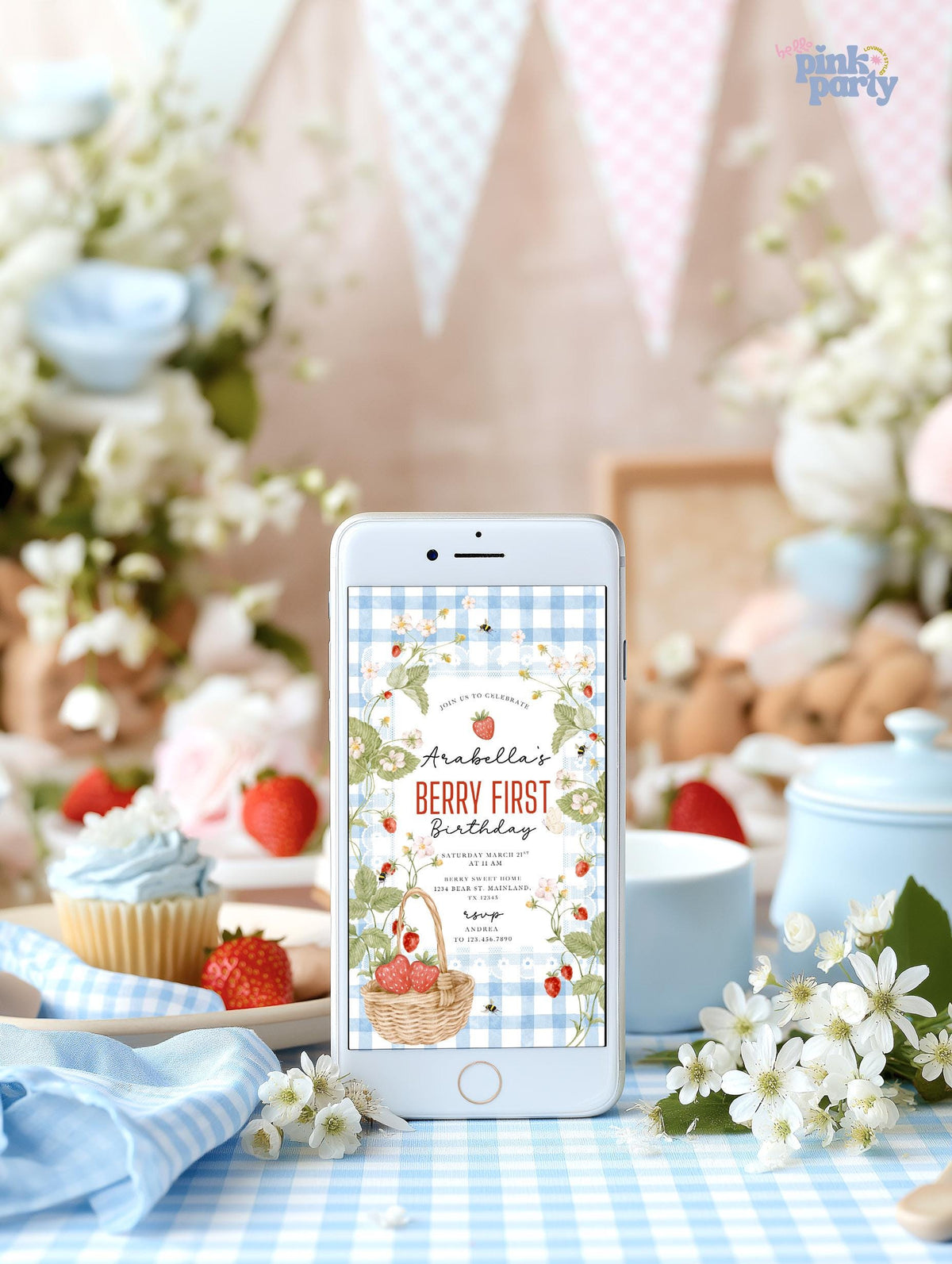 Strawberry 1st Birthday Invitation, Berry First Birthday Invite Girl, Sweet Strawberry Party, Editable Canva Template, Digital Download