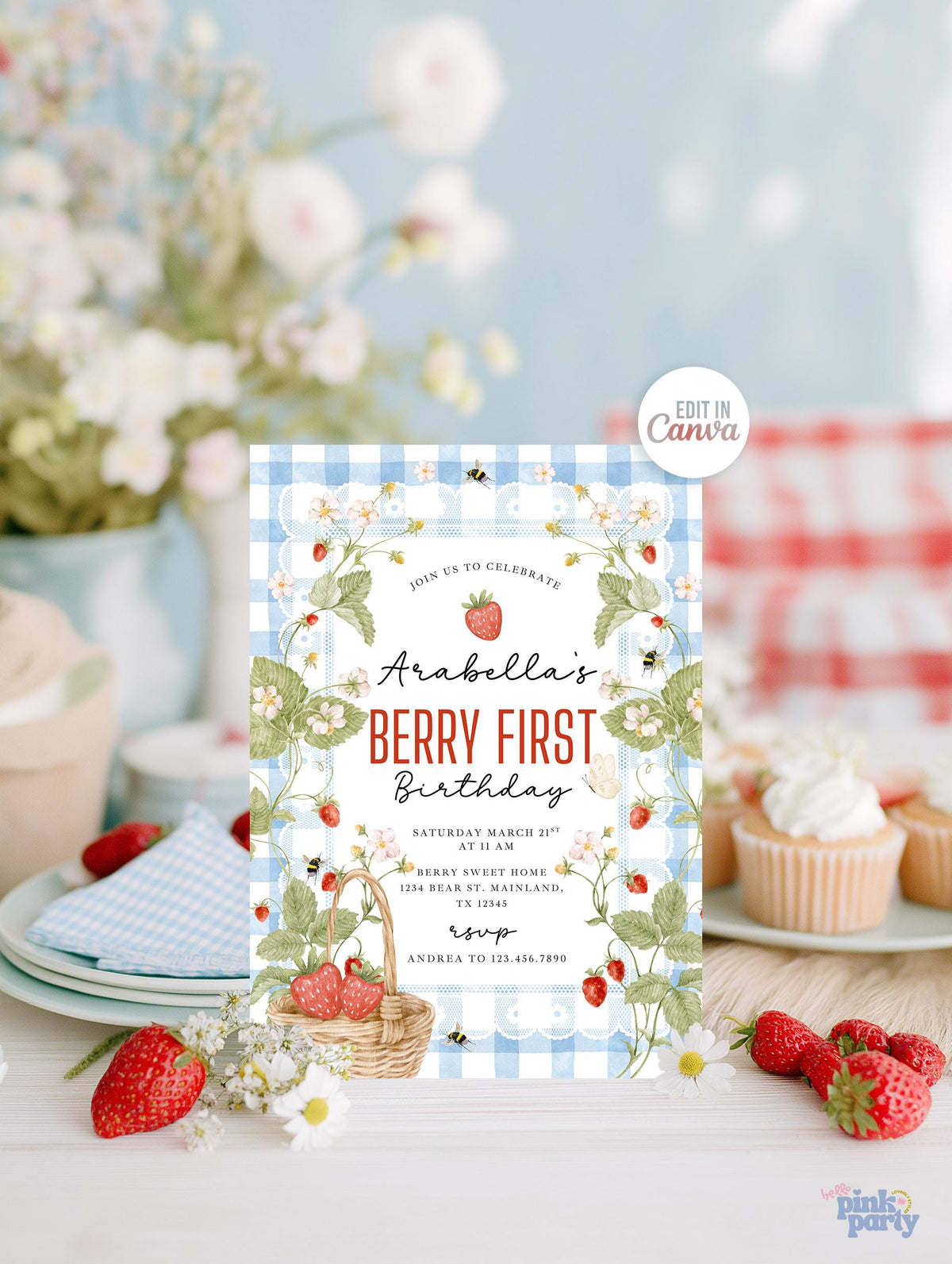 Strawberry 1st Birthday Invitation, Berry First Birthday Invite Girl, Sweet Strawberry Party, Editable Canva Template, Digital Download