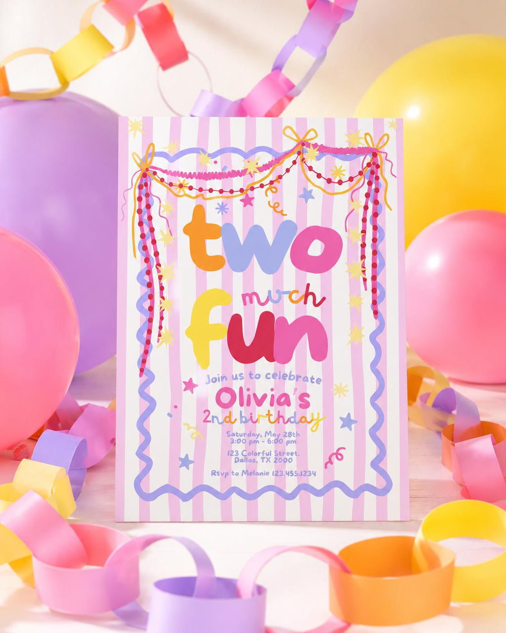 Two Much Fun 2nd birthday invitation for girls editable Canva template