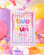 Two Much Fun 2nd birthday invitation for girls editable Canva template