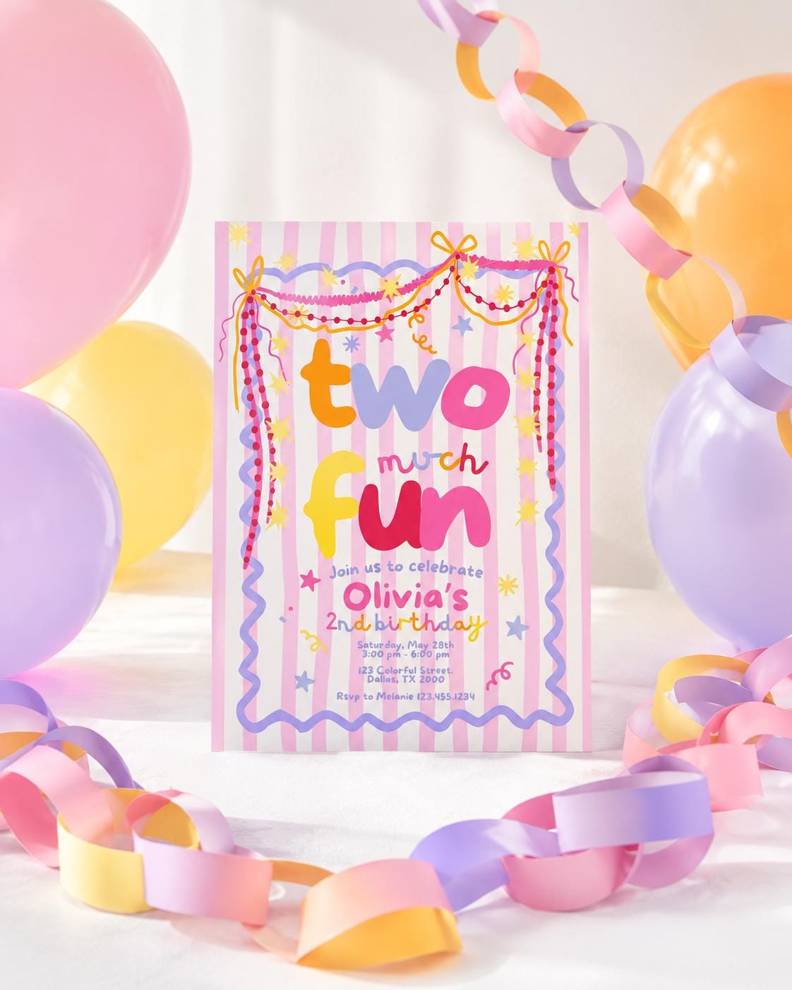 Colorful Two Much Fun second birthday invitation for a two year old girl