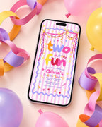 Pink and periwinkle Two Much Fun birthday invitation for girls