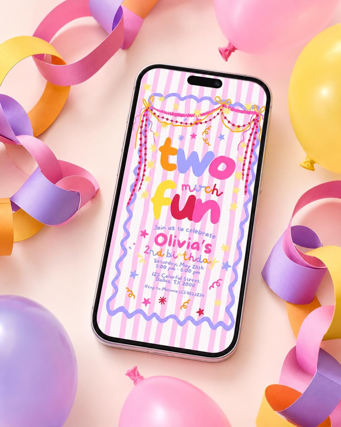 Pink and periwinkle Two Much Fun birthday invitation for girls
