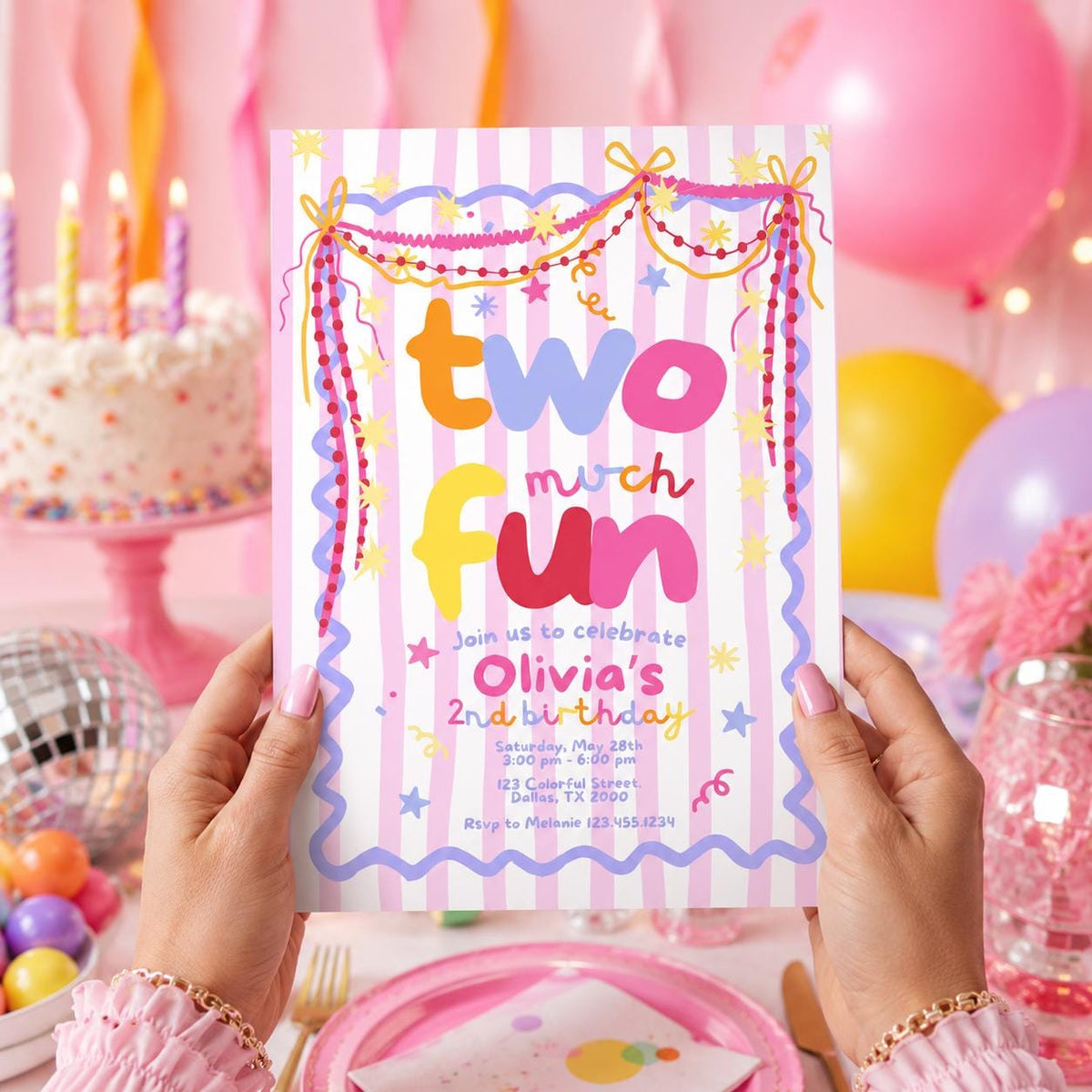 Editable 2nd birthday party invitation with colorful retro details