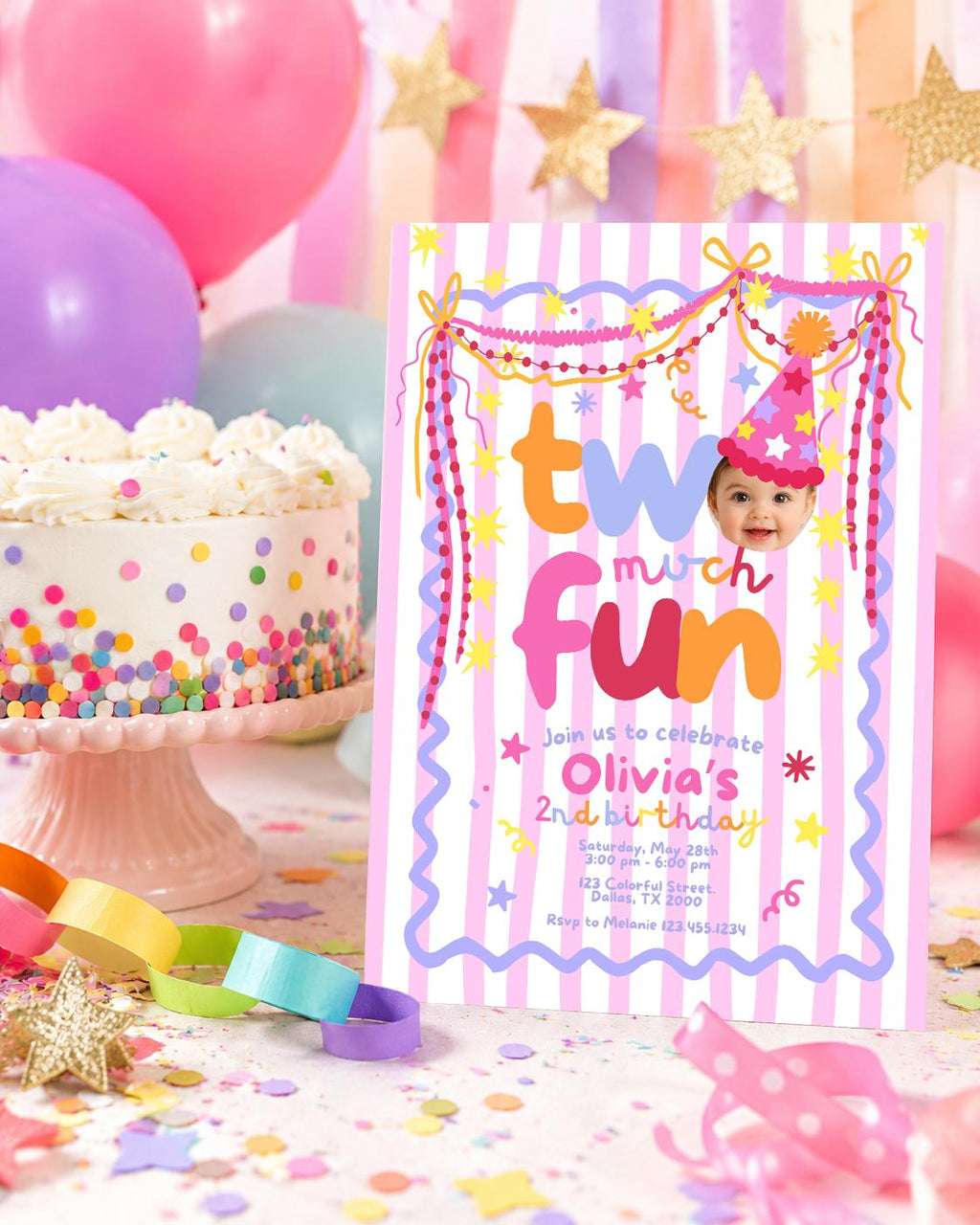 Two Much Fun 2nd birthday photo invitation for girls editable Canva template