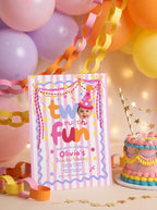 Colorful Two Much Fun second birthday invitation with photo for girls