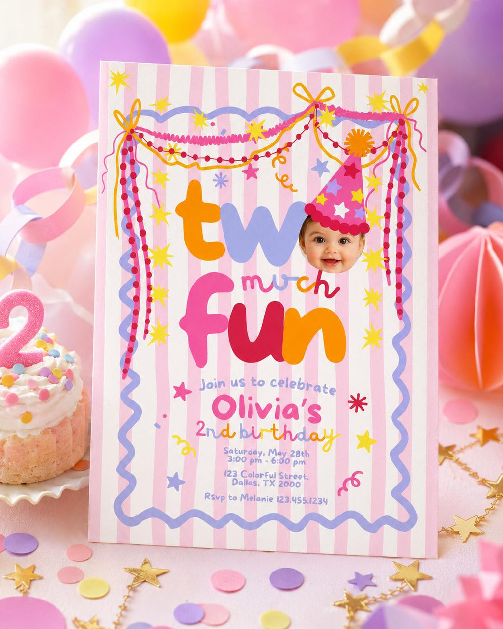 Pink and periwinkle 2nd birthday photo invitation for a two year old girl