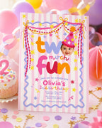 Pink and periwinkle 2nd birthday photo invitation for a two year old girl