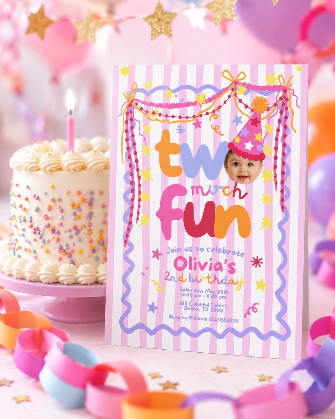 Editable Two Much Fun birthday photo invitation Canva template