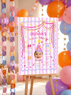 Colorful second birthday milestone sign with photo and favorite things for girls