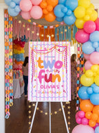 Two Much Fun 2nd birthday welcome sign for girls editable Canva template