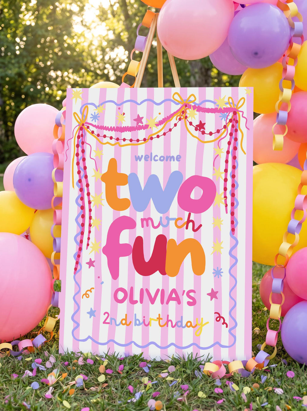 Pink and periwinkle 2nd birthday welcome sign for a two year old girl