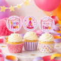 Two Much Fun 2nd birthday cupcake toppers for girls editable Canva template