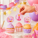 Colorful Two Much Fun second birthday cupcake toppers for girls party