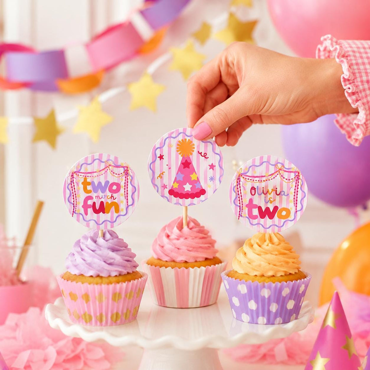 Colorful Two Much Fun second birthday cupcake toppers for girls party