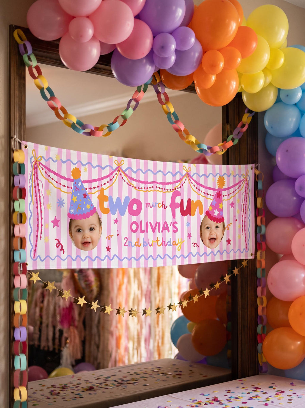 Two Much Fun 2nd birthday backdrop banner for girls 72 x 24 Canva template