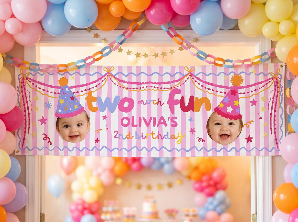 Colorful Two Much Fun second birthday cake table backdrop for girls