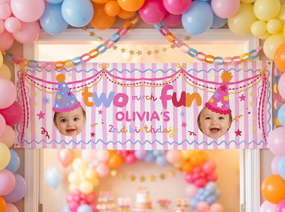 Colorful Two Much Fun second birthday cake table backdrop for girls