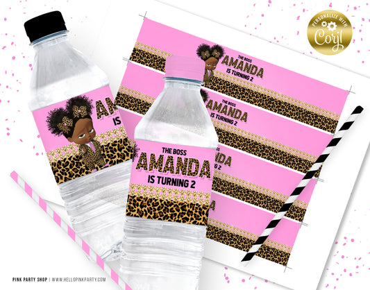 BOSS BABY GIRL CHEETAH WATER LABELS EDITABLE TEMPLATE