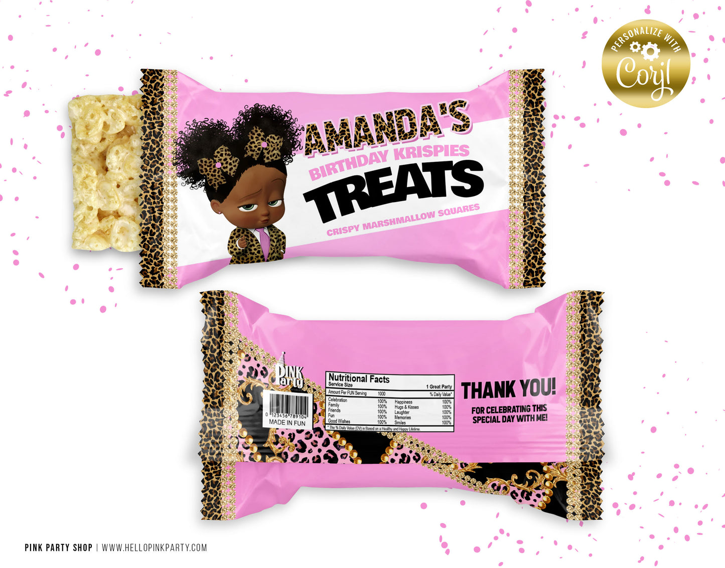 BOSS BABY GIRL CHEETAH RICE KRISPIE TREATS EDITABLE WRAPPER