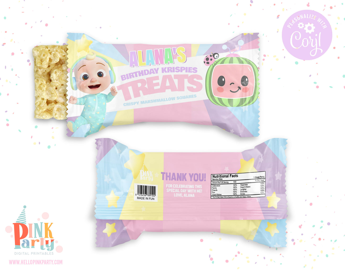 COCOMELON PASTELS RICE KRISPIE TREATS EDITABLE WRAPPER