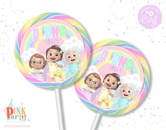 COCOMELON PASTELS LOLLIPOP LABELS EDITABLE TEMPLATE