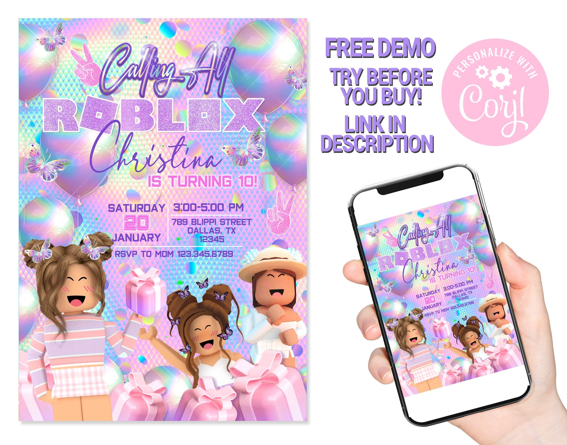 Girly Roblox Birthday Invitation - Edit Yourself Online FREE Demo