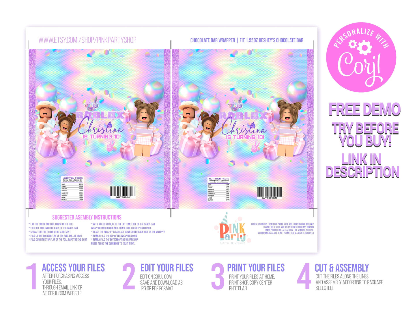 ROBLOX GIRL HOLOGRAPHIC EDITABLE CANDY BAR WRAPPER